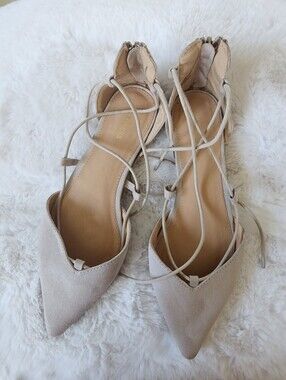Express Pointed-Toe Lace-Up Flats | Nude Taupe Faux Suede | Size 8